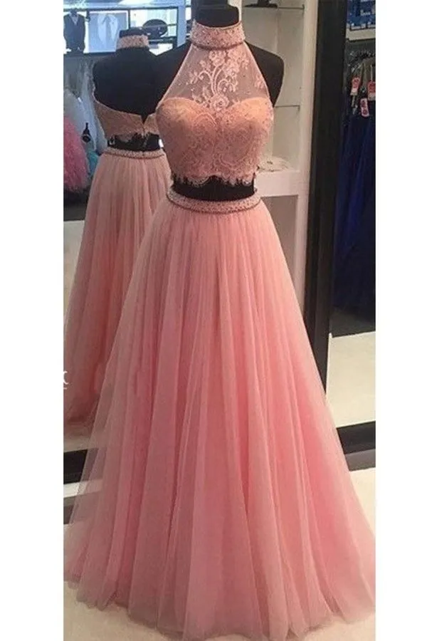 2024 Two-Piece Prom Dresses Halter Tulle & Lace With Beads PTCA36NK