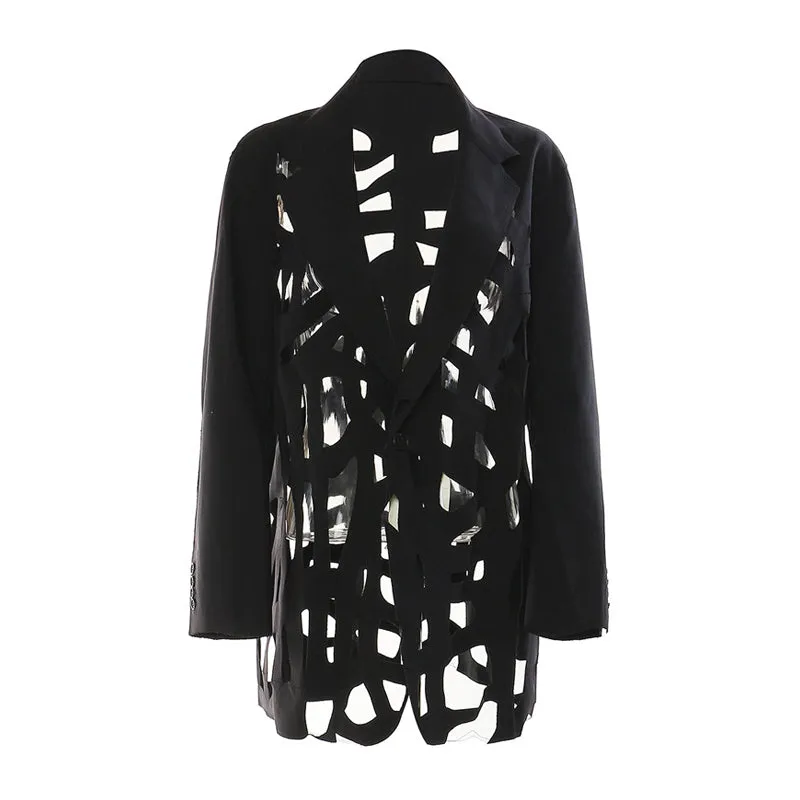 Asymmetric Laser Cutout Lapel Collar Single Breasted Oversized Blazer