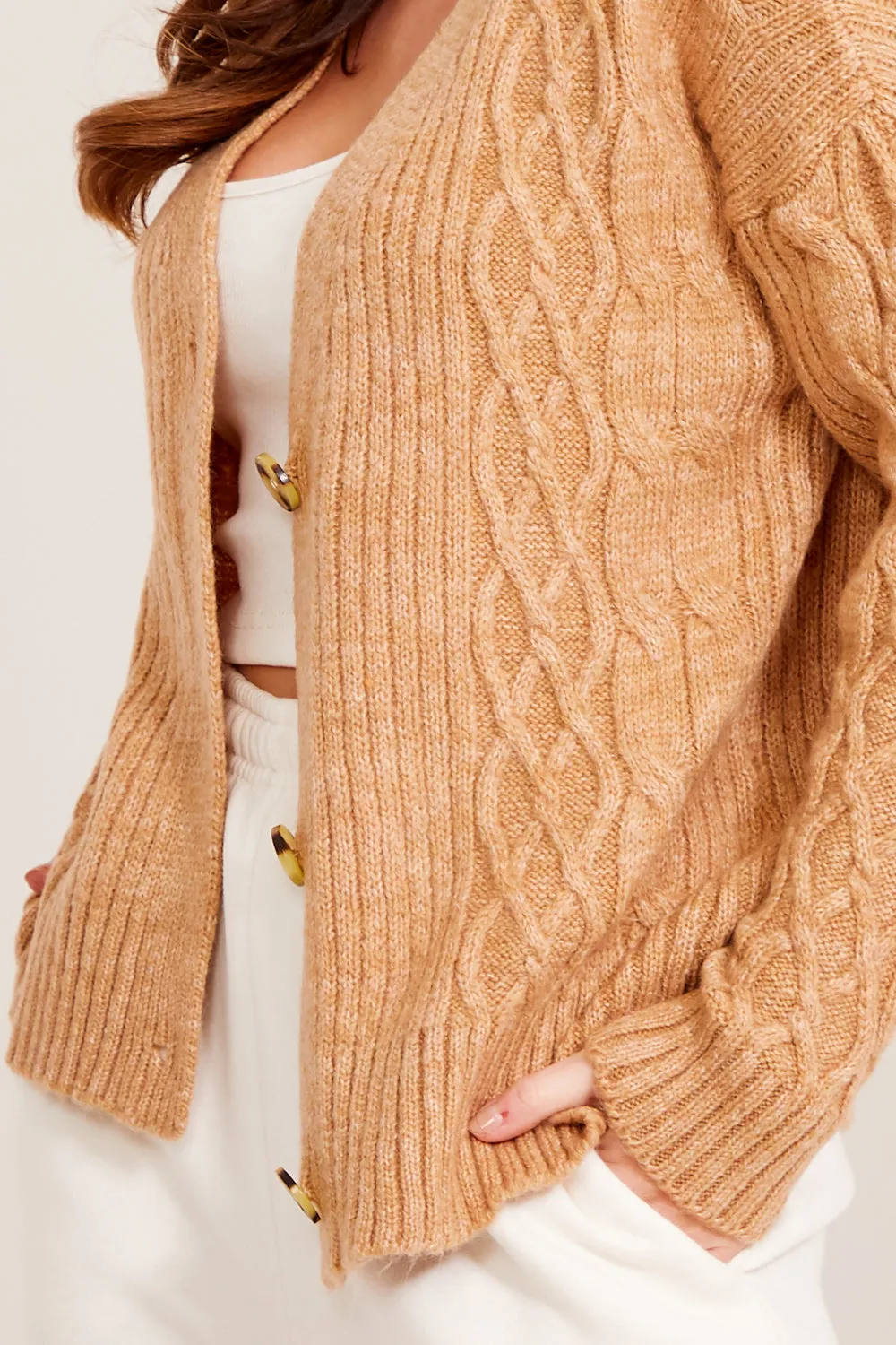 Camel Cable Knit Button Up Cardigan