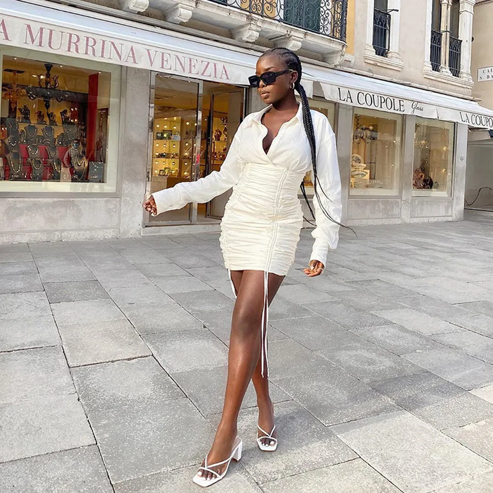 Drawstring Ruffle Lapel White Mini Dress