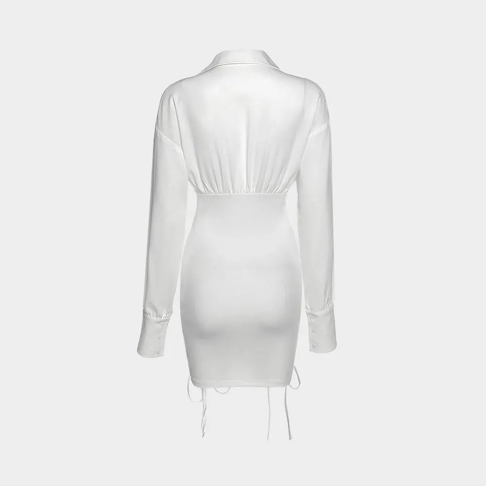 Drawstring Ruffle Lapel White Mini Dress