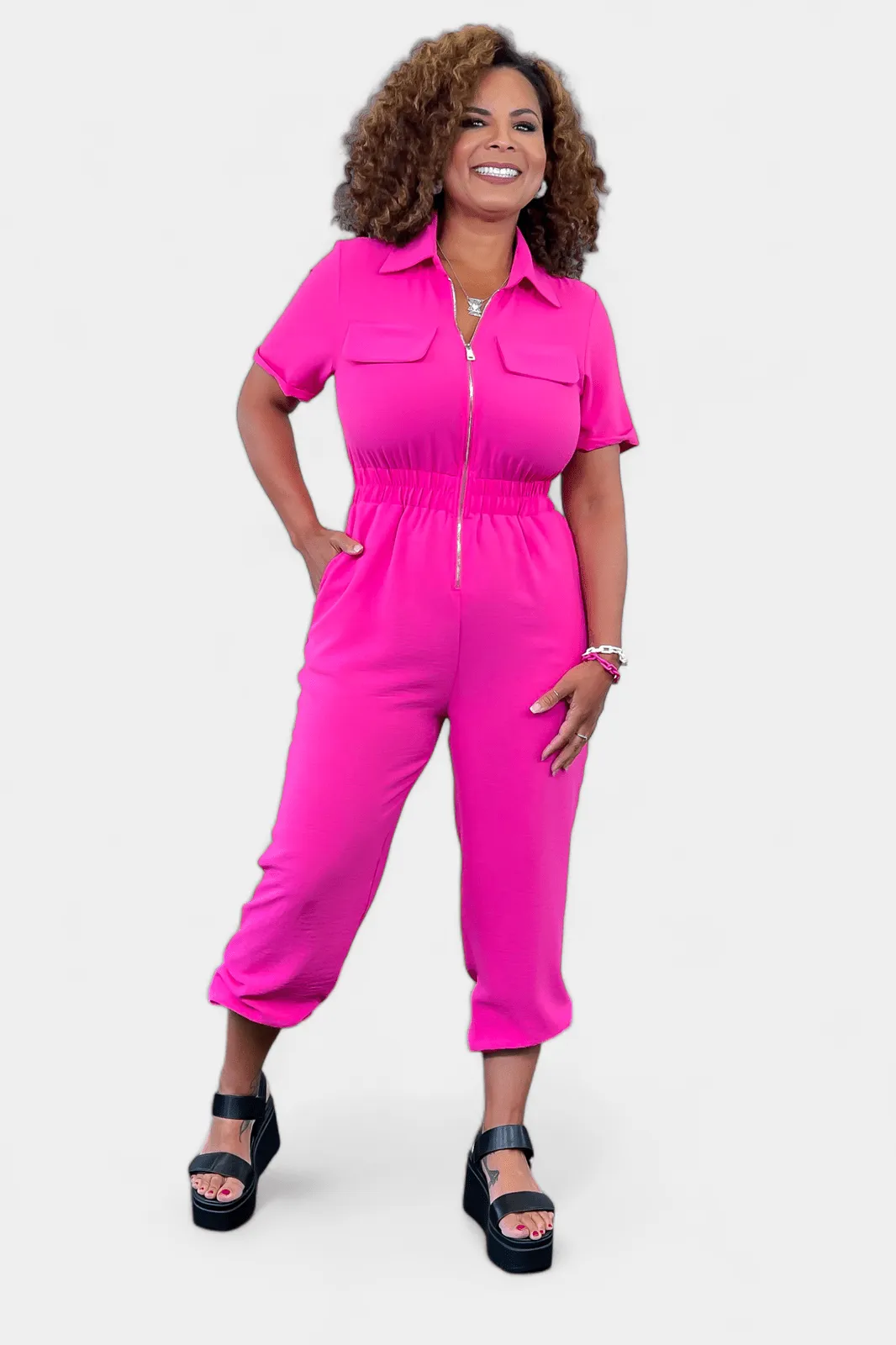 Fuchsia Front Zipper Jumpsuit