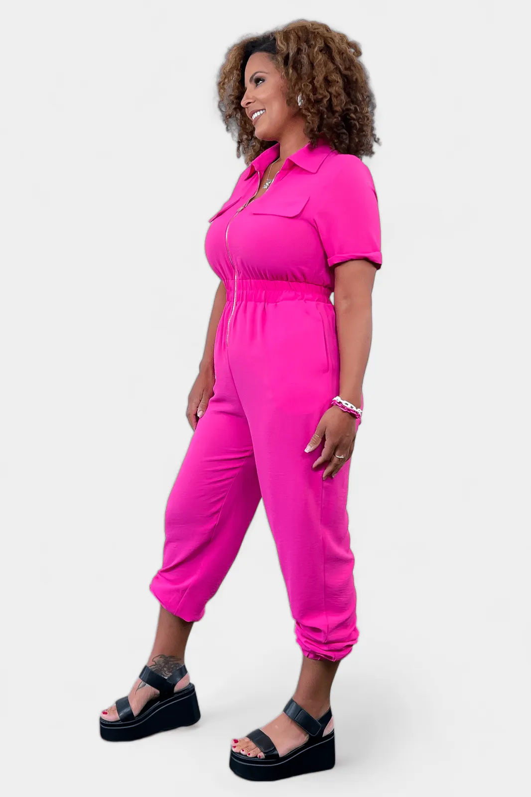 Fuchsia Front Zipper Jumpsuit