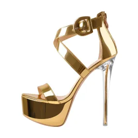 Gold Platform Stiletto Ankle Zipper Crisscross Sandal