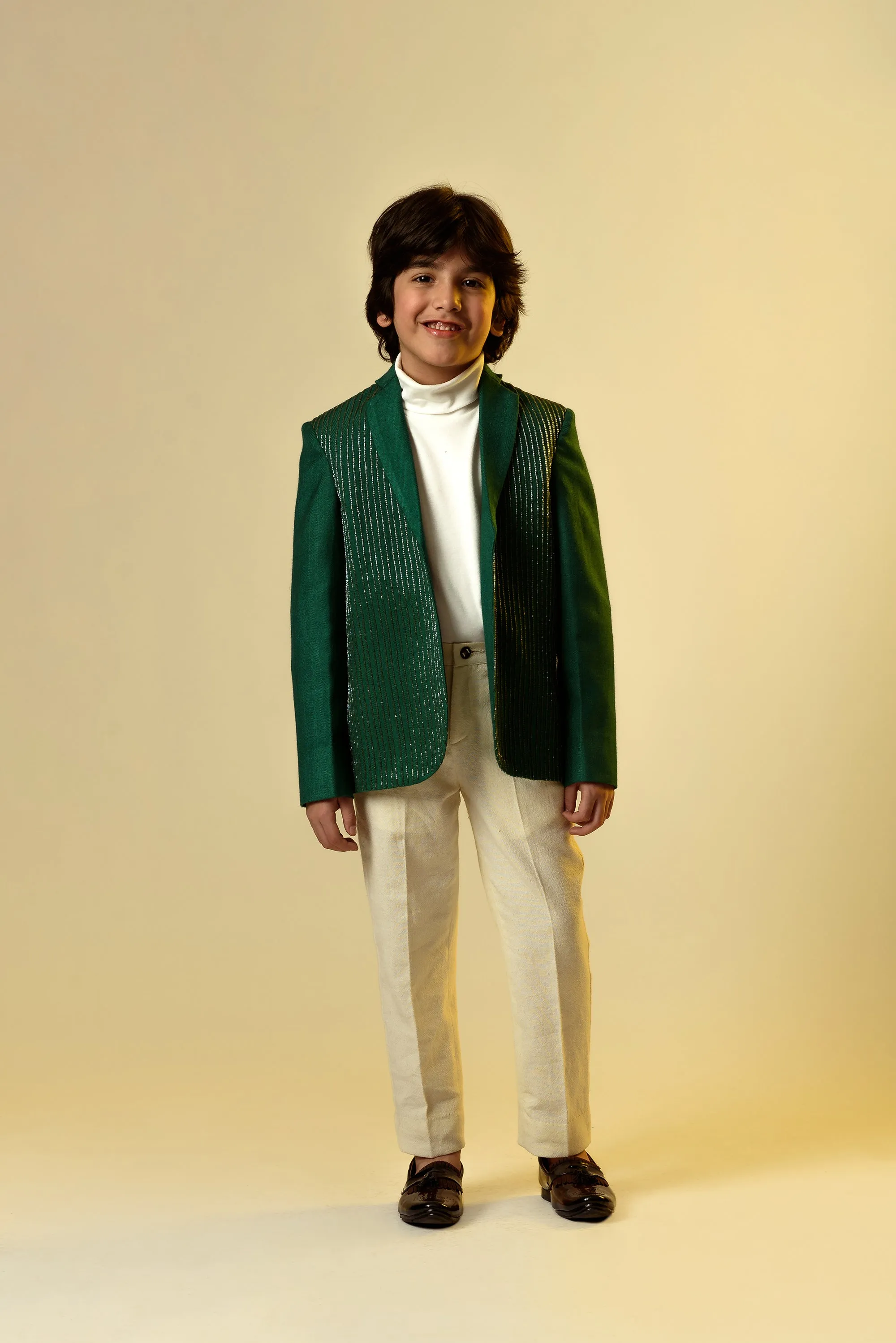 Green Eye- Embroidered Herringbone Organic Wool Blazer For Boys