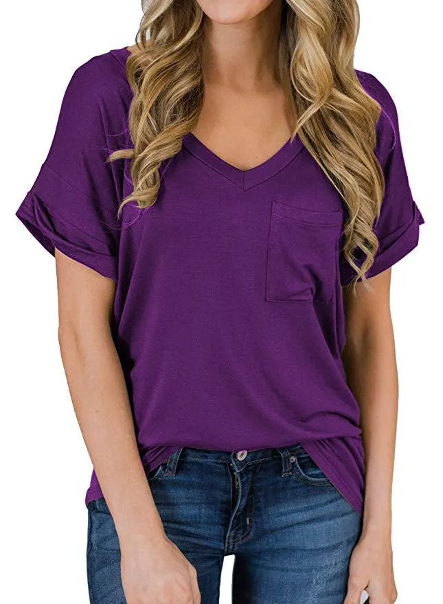 Haute Edition Women's Loose Relaxed Fit V-Neck SummerTopT-Shirt With Pocket