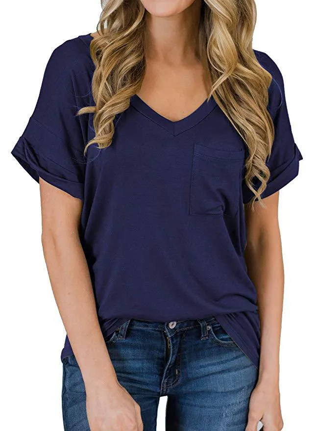 Haute Edition Women's Loose Relaxed Fit V-Neck SummerTopT-Shirt With Pocket