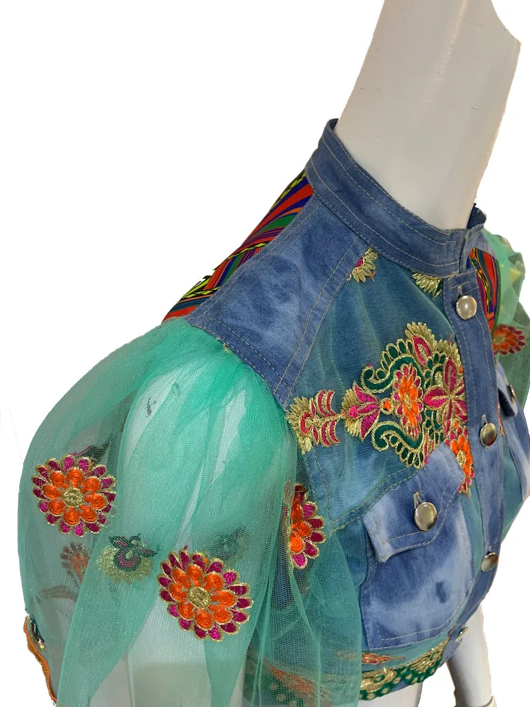 Ibuti Cropped Denim Jacket Turquoise