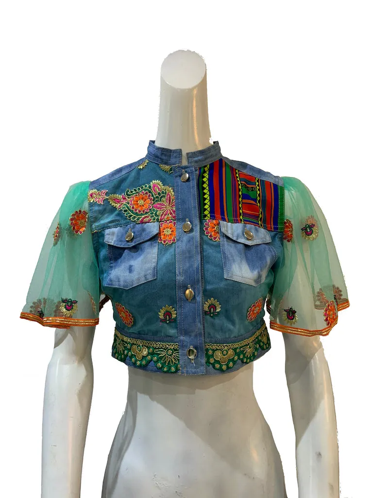 Ibuti Cropped Denim Jacket Turquoise