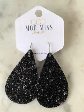 Leather Canvas Teardrop Earring Black Glitter