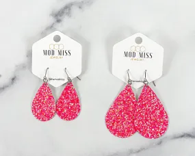 Leather Canvas Teardrop Earring Glitter Hot Pink