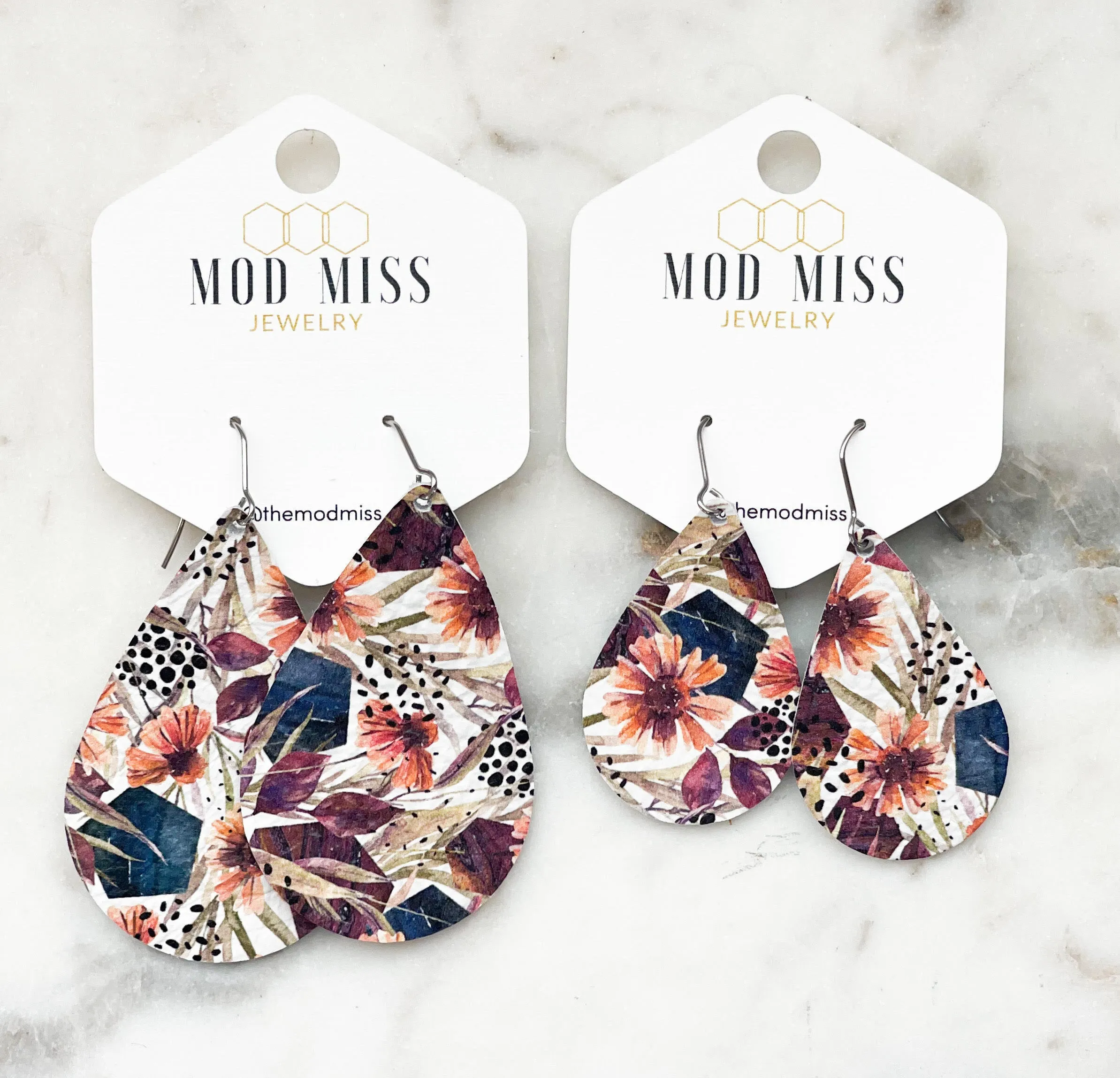 Leather Teardrop Earring Autumn Floral