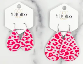 Leather Teardrop Earring Leopard Neon Pink