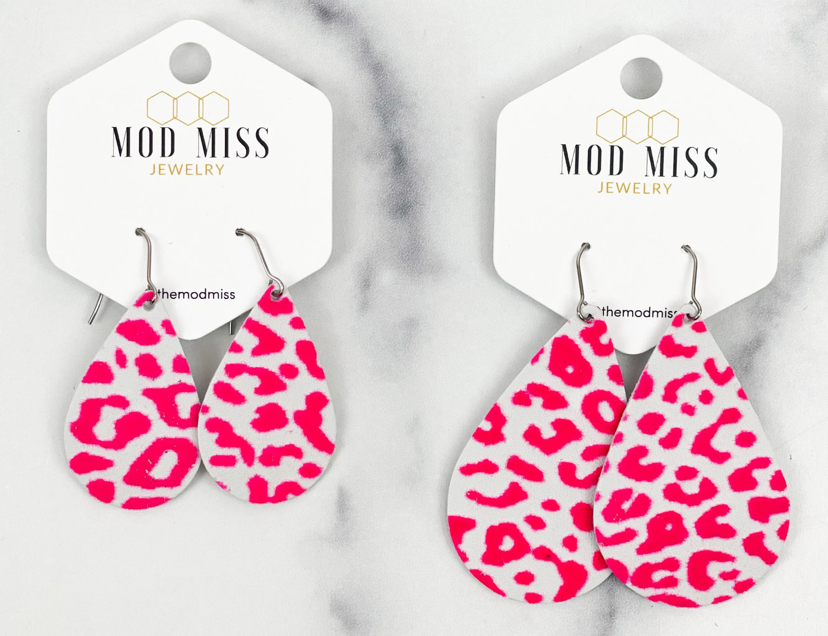 Leather Teardrop Earring Leopard Neon Pink