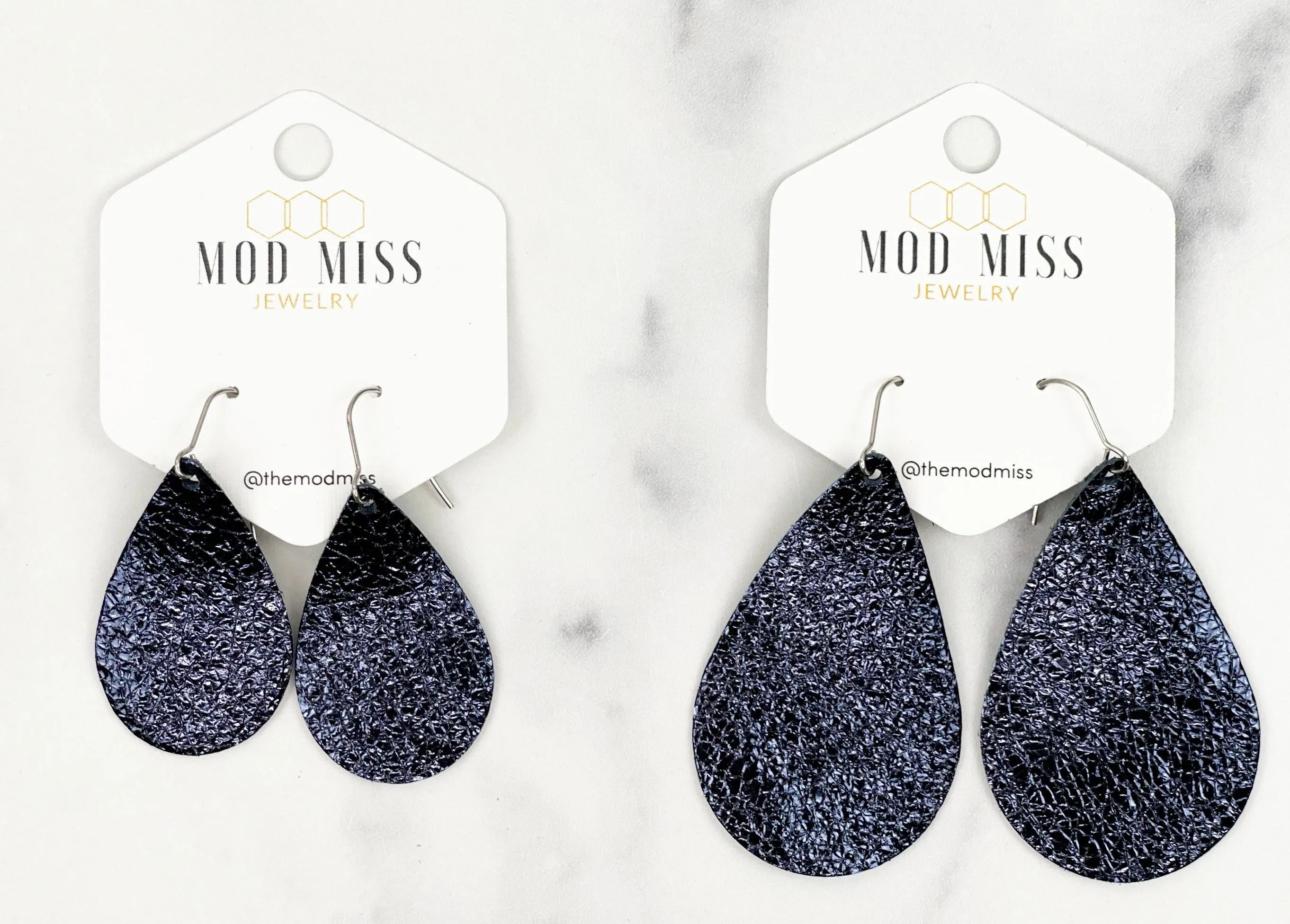 Leather Teardrop Earring Metallic Navy