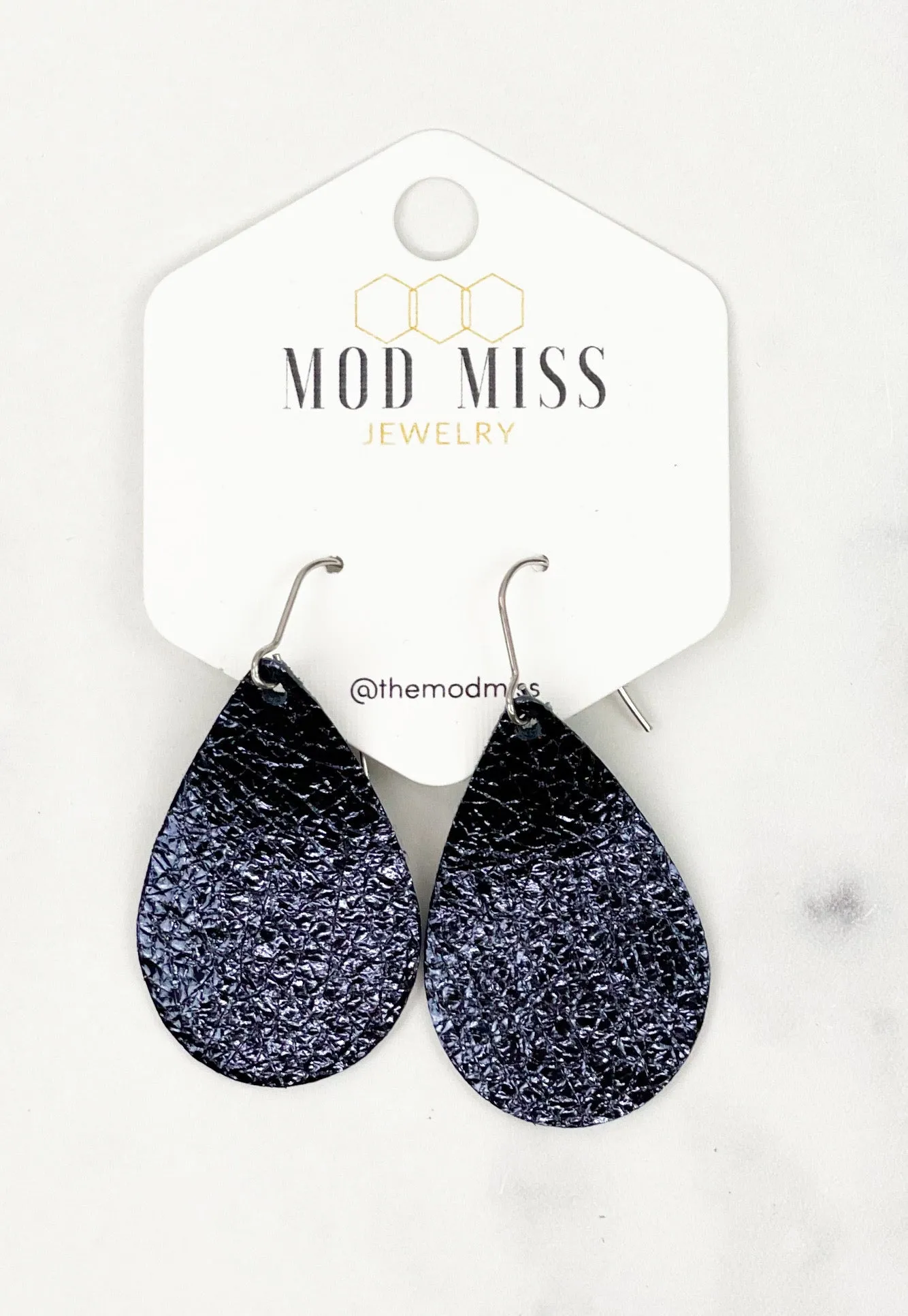 Leather Teardrop Earring Metallic Navy