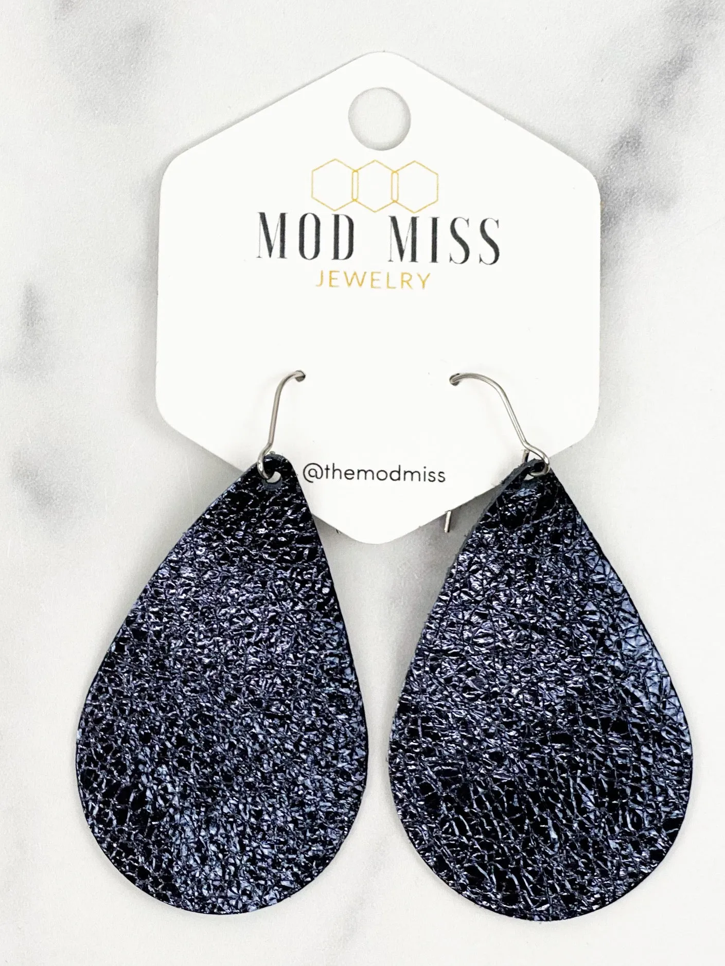 Leather Teardrop Earring Metallic Navy