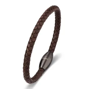 Mens leather stainless steel bracelet Brown weave