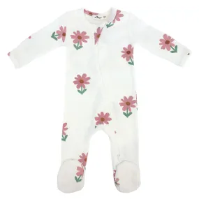 oh baby! Cotton Baby Rib Zipper Footie - Picking Daisies Print - Cream