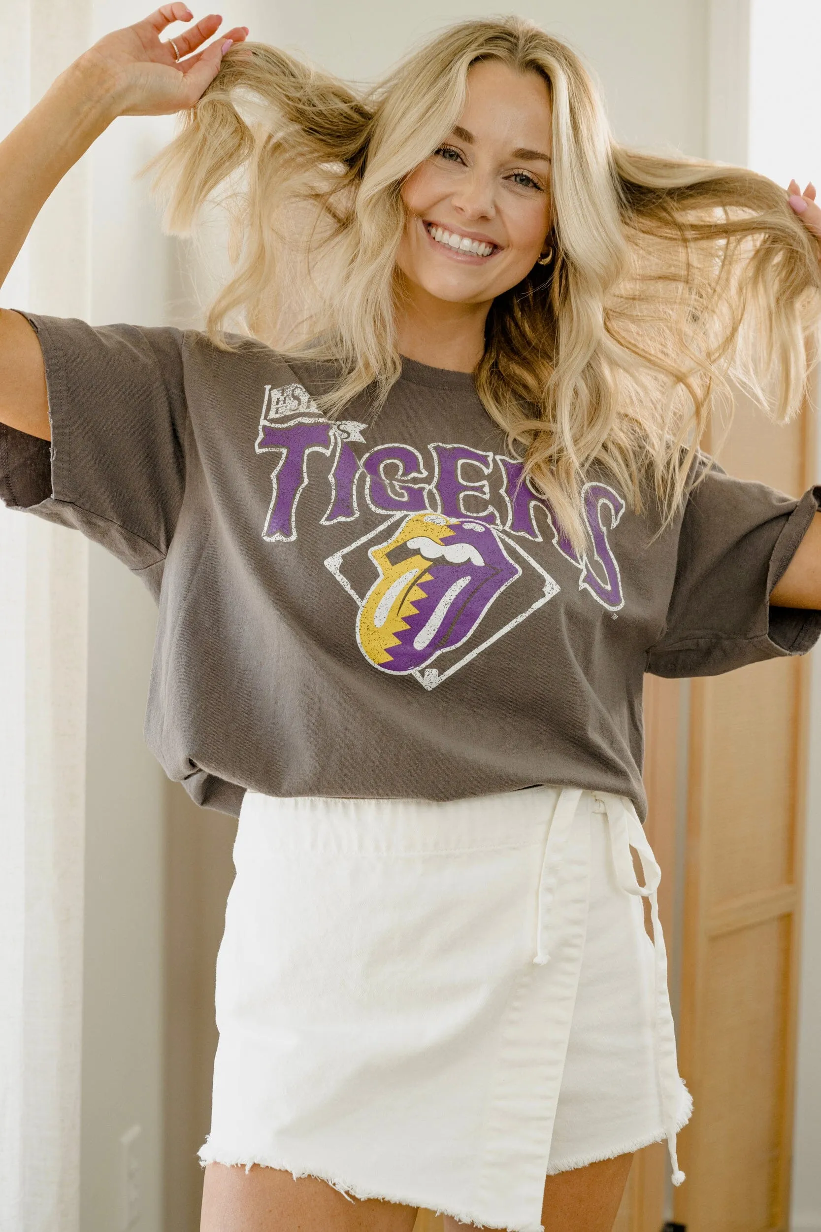 Rolling Stones LSU Tigers Baseball Diamond Off Black Thrifted Tee