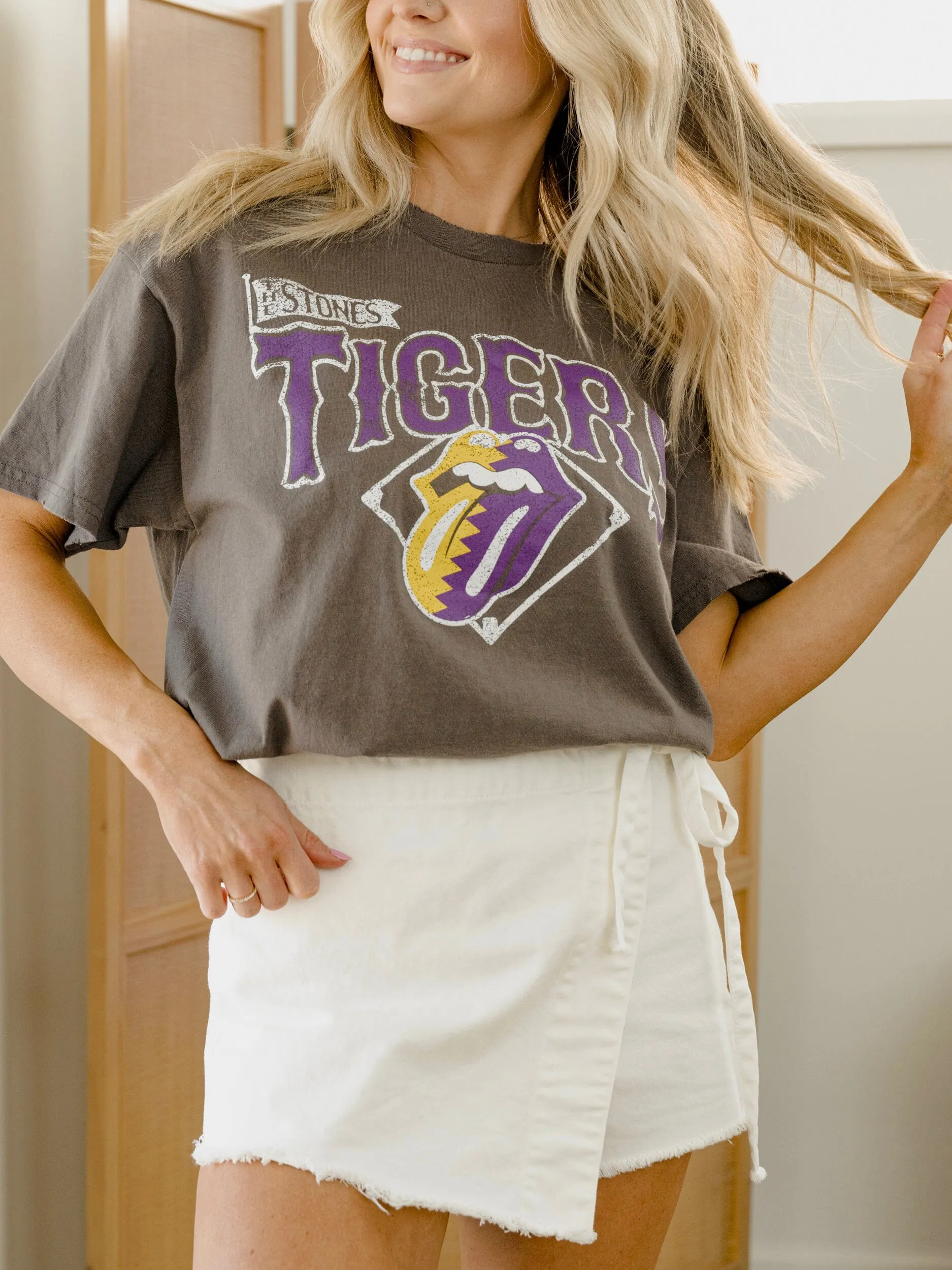 Rolling Stones LSU Tigers Baseball Diamond Off Black Thrifted Tee