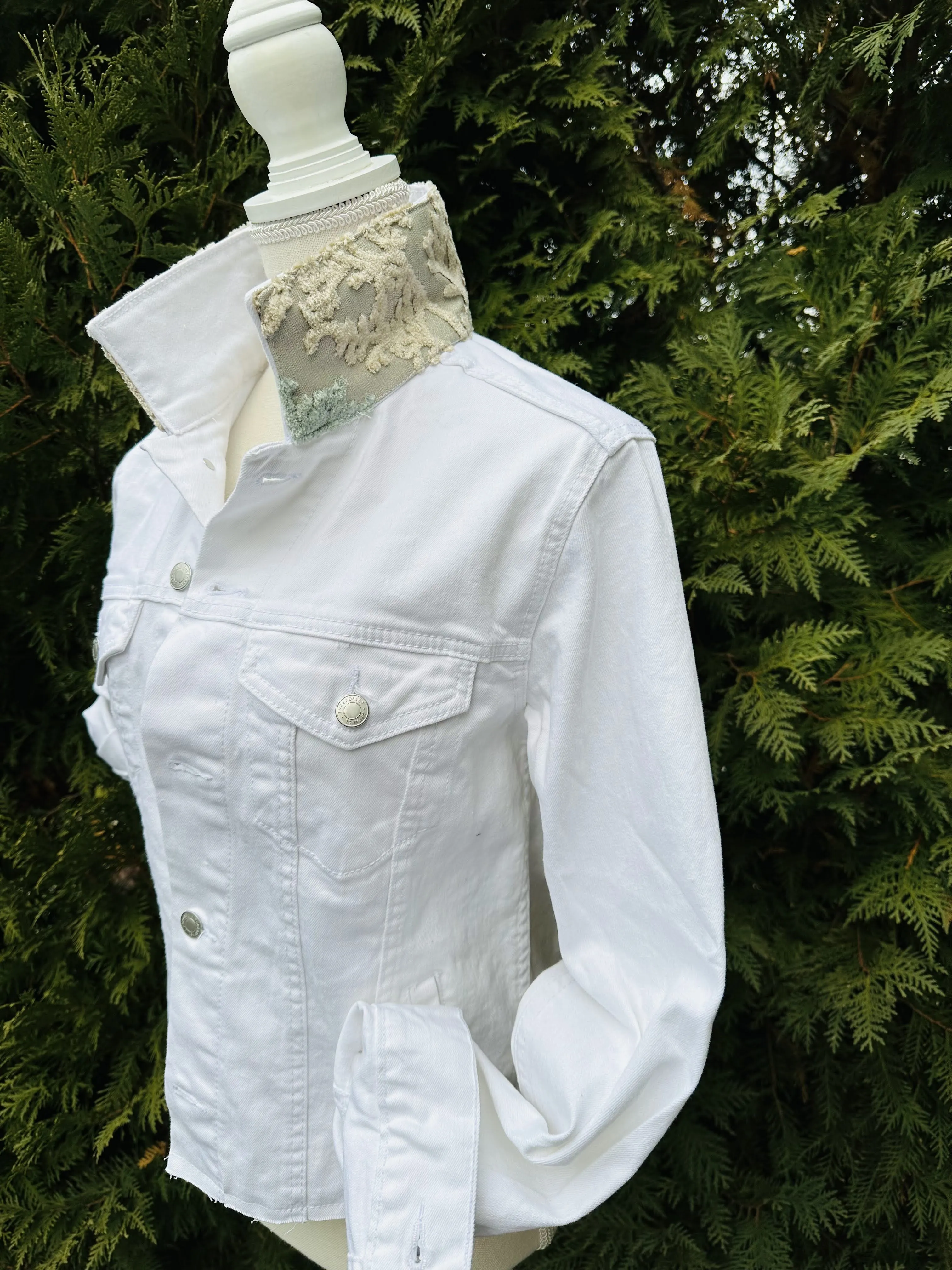 Stevie Denim Jacket - White Denim w Khaki & Sage Green Velvet (ST05)