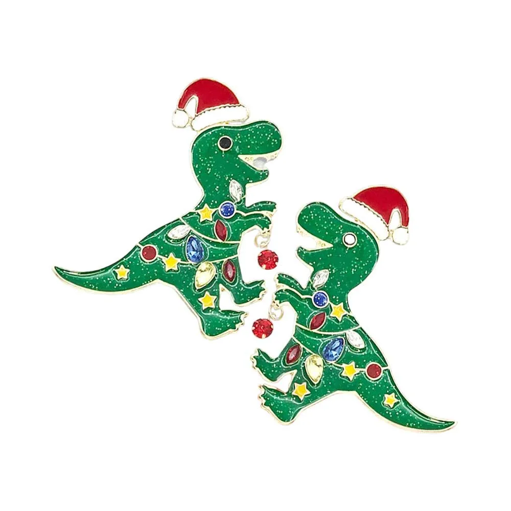 Stone Enamel Metal Santa Hat Dinosaur Link Dangle Earrings