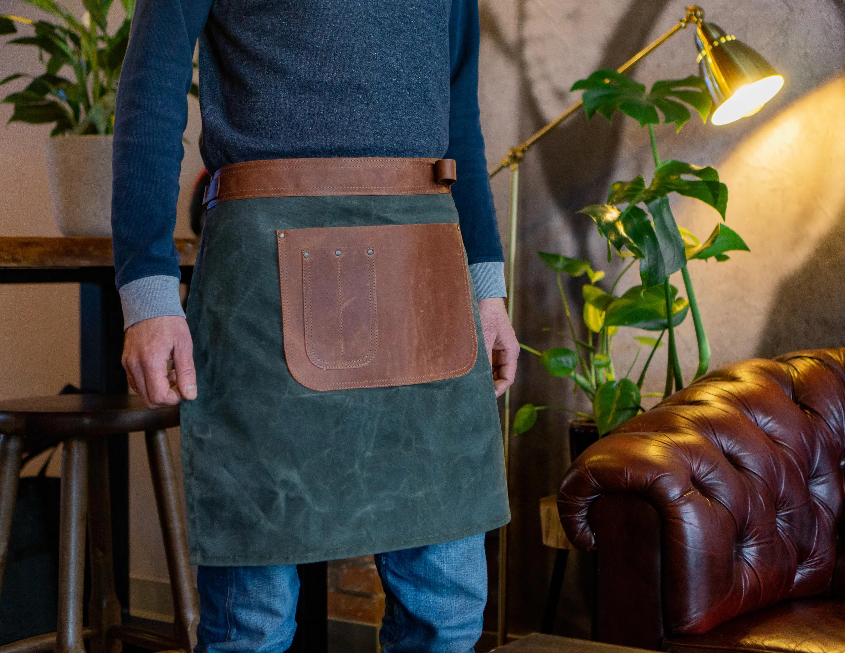 Waxed Canvas Half Apron | Apron With Leather Pockets And Straps | Handmade