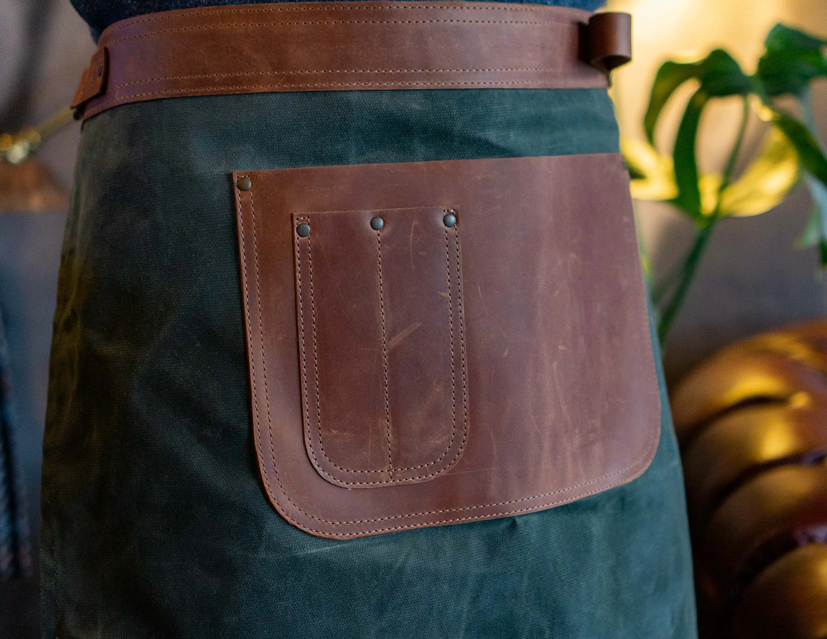 Waxed Canvas Half Apron | Apron With Leather Pockets And Straps | Handmade