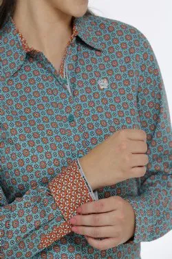 WOMEN'S BUTTON-DOWN WESTERN SHIRT - GREEN / ORANGE