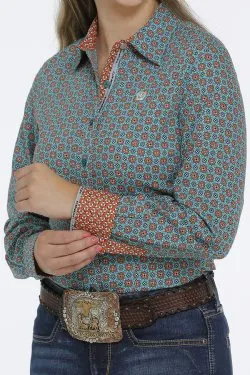 WOMEN'S BUTTON-DOWN WESTERN SHIRT - GREEN / ORANGE