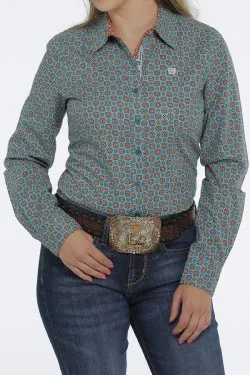 WOMEN'S BUTTON-DOWN WESTERN SHIRT - GREEN / ORANGE