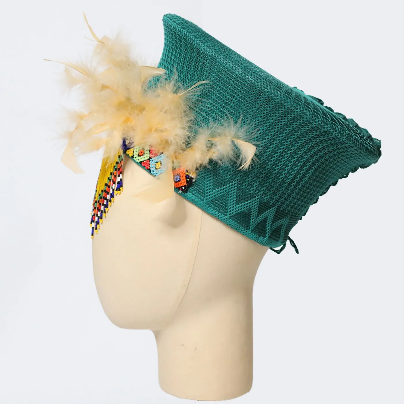 Zulu Basket Hat with Beading & Feathers- Green